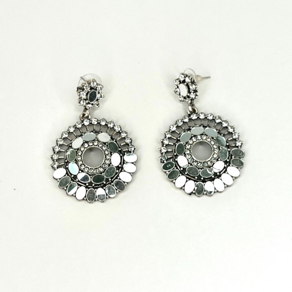 Vintage Inspired Silver Statement Earrings Glamorous Circular Design Party Chic